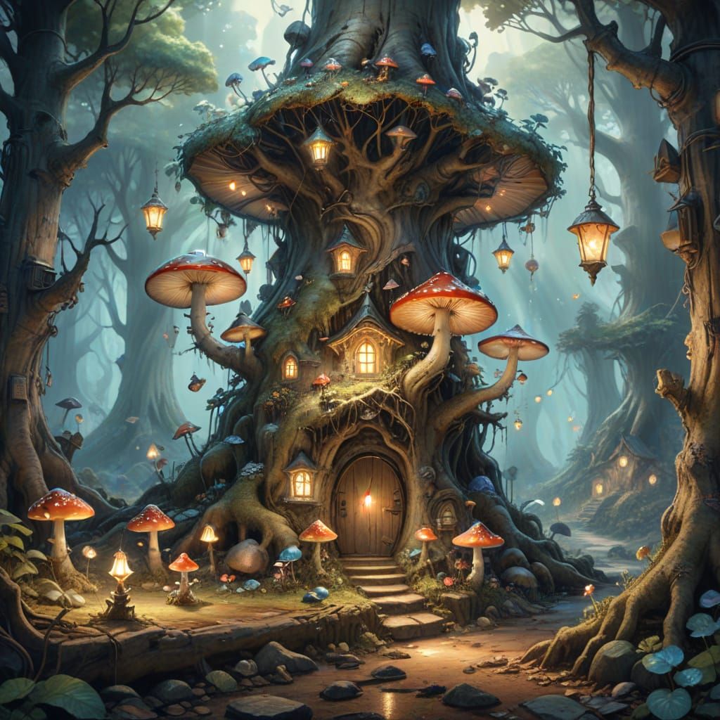 Mushroom Village Concept Art in Watercolor Style