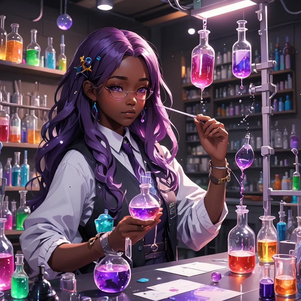 Anime Style Potioneer with Purple Hair in Laboratory