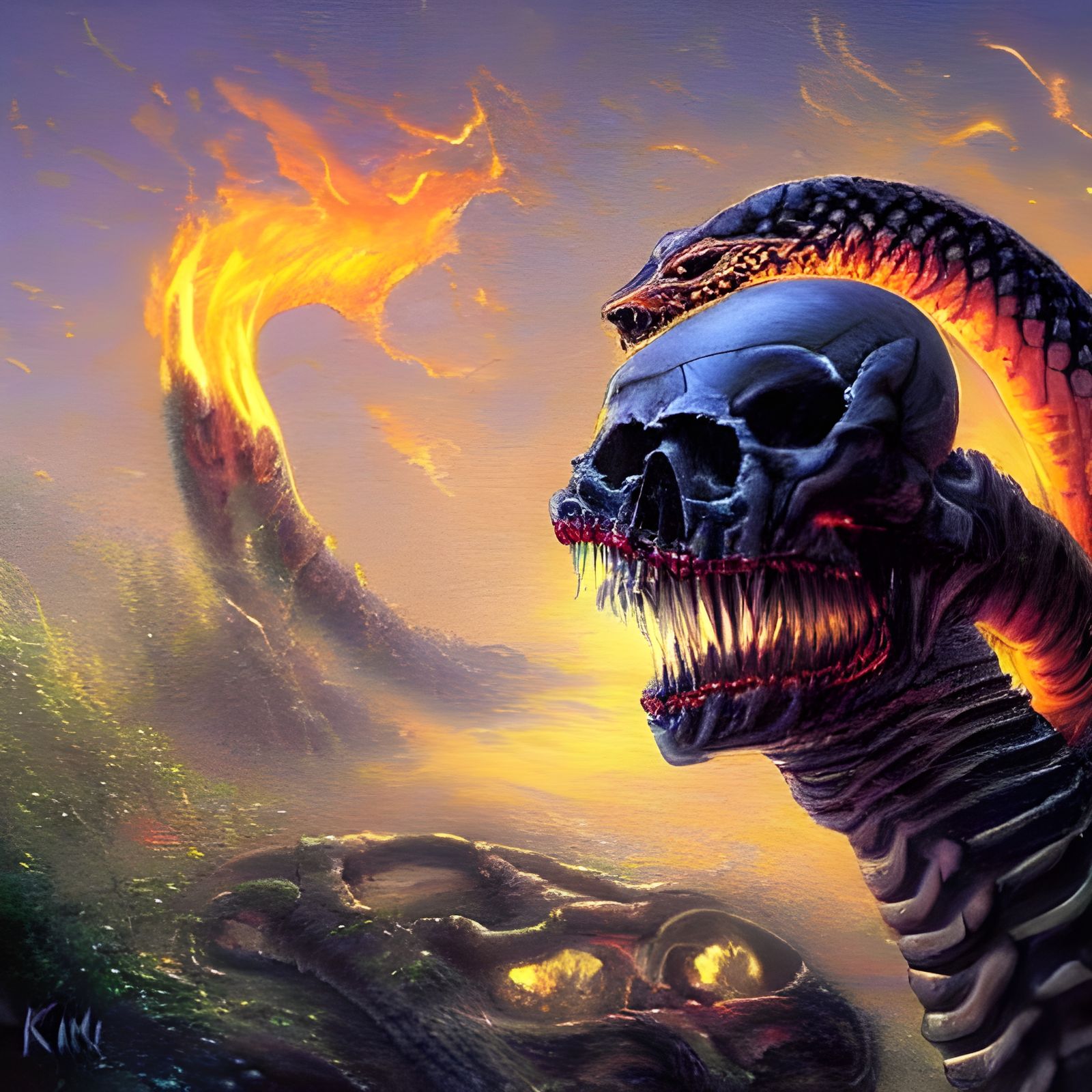 Ethereal Fantasy Snake with Skull Head in Fire