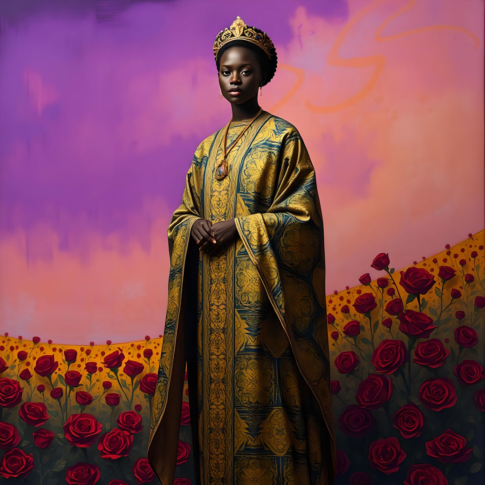 Abstract Queen with Roses, Klimt and Wiley Style