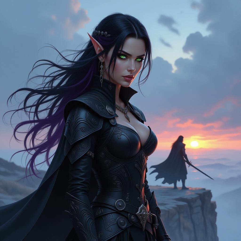 Elven Warrior and Vampire Companion on Windswept Cliff