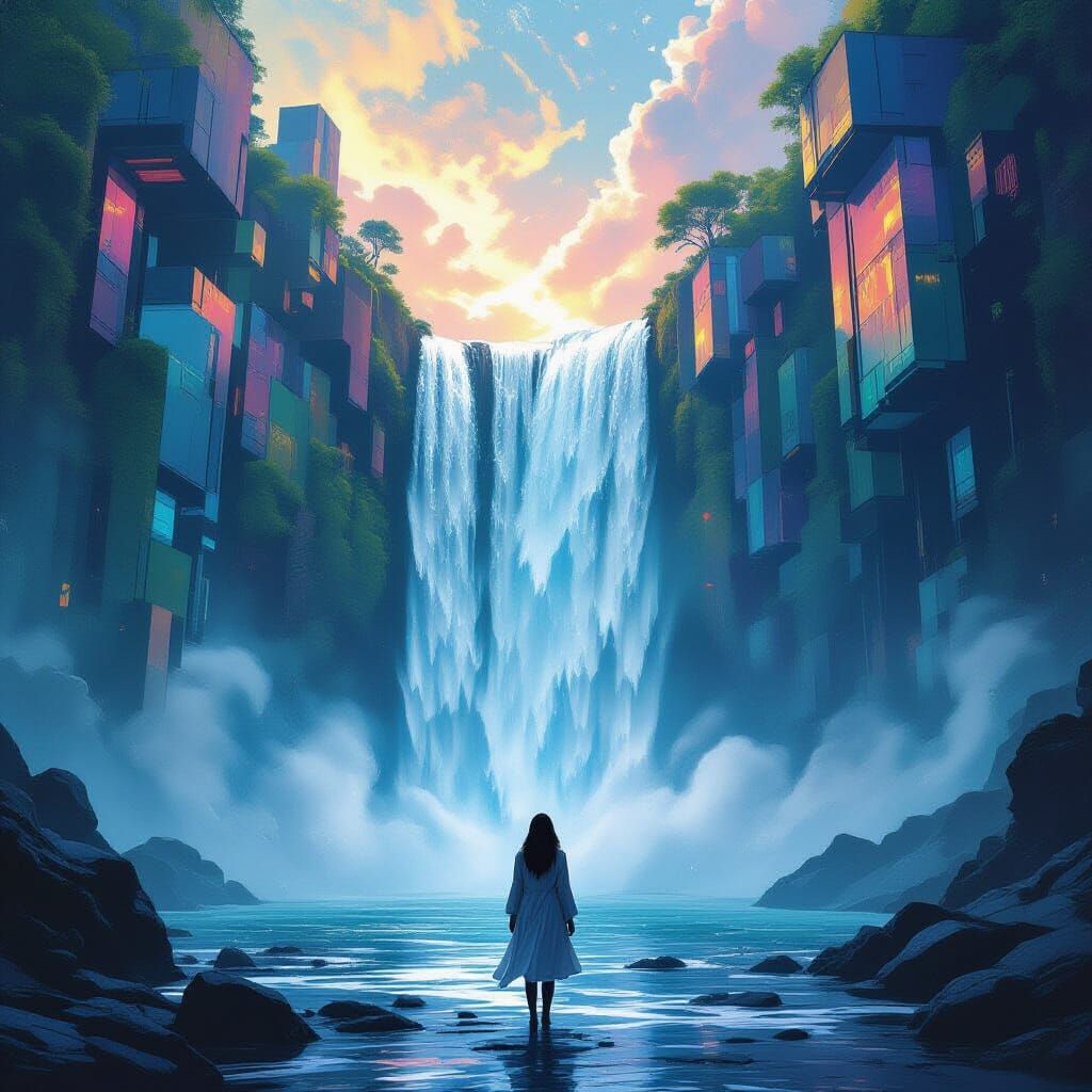 Woman at Waterfall in Surreal Dreamscape
