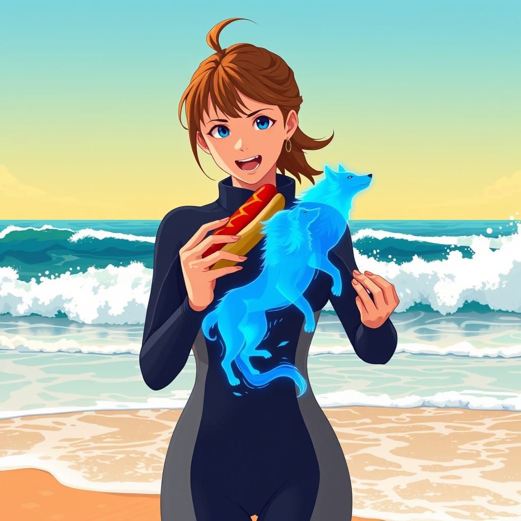 Surfer Goddess Devours Hotdog Amidst Vibrant Wolf Spirits