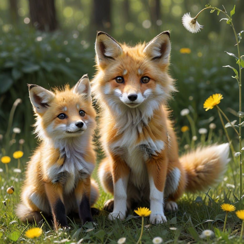 Whimsical Flaraffe with Dandelion Fox Companion