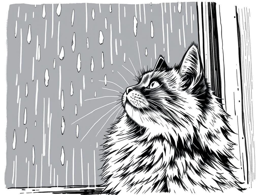 Fluffy Cat Gazing at Rainy Window in Sketch Style