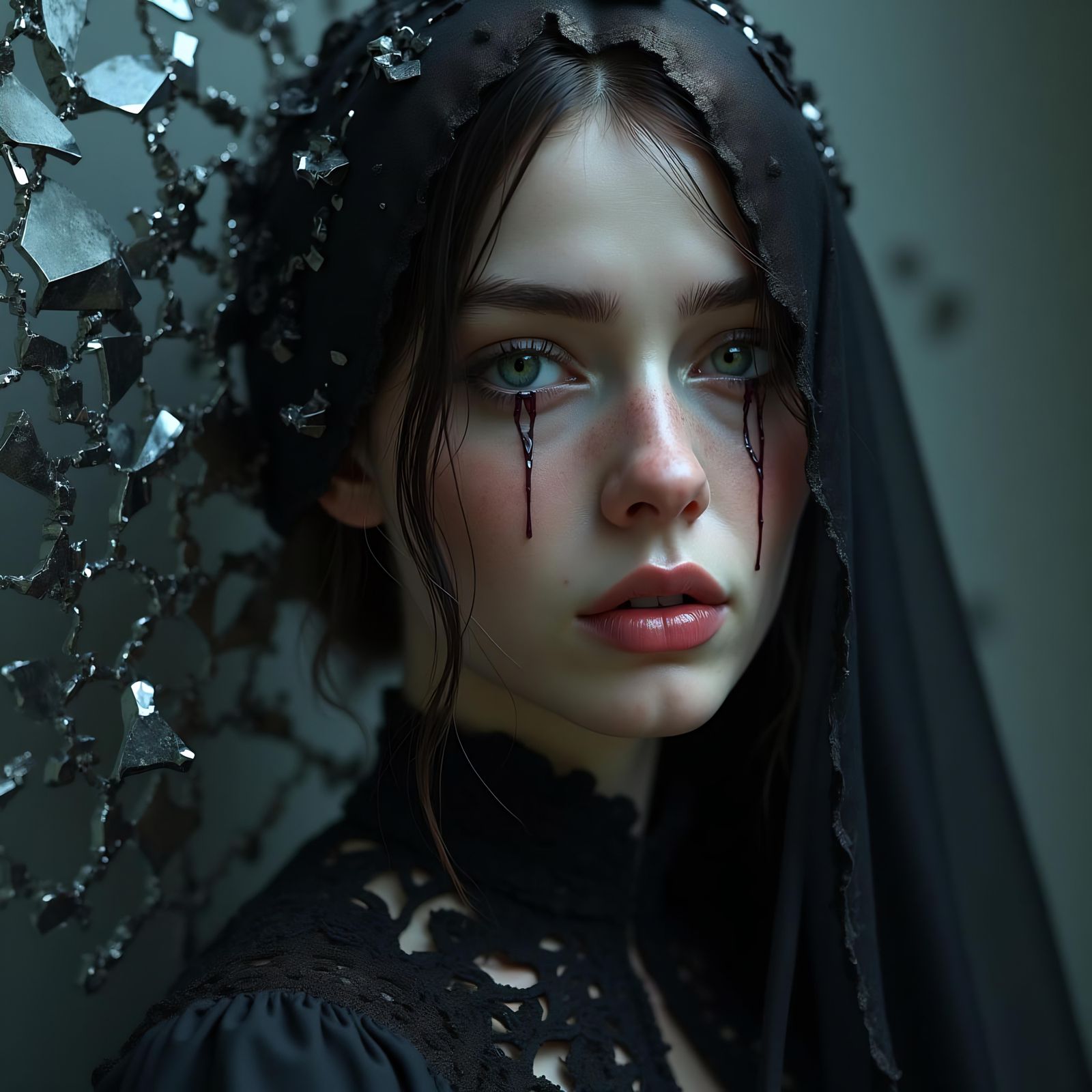 Shattered Woman in Mourning: Hyperrealistic Digital Art