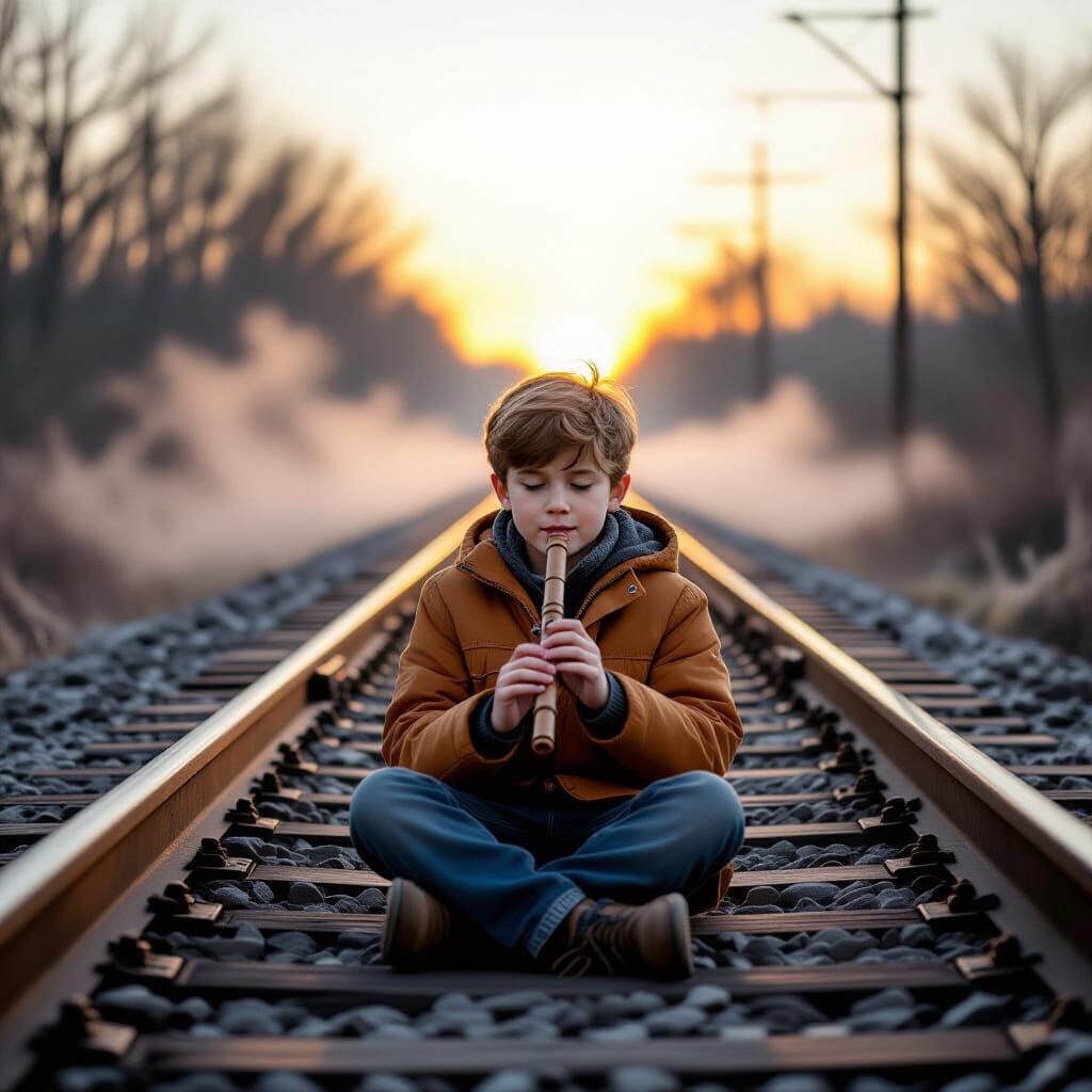 Boy Plays Flute on Misty Railway Tracks at Dawn