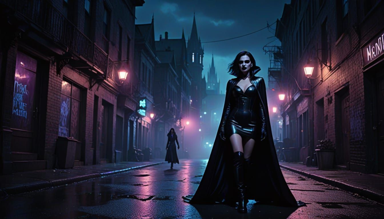 Vampire Femme Fatale Strolls Through Dark City Streets in La...