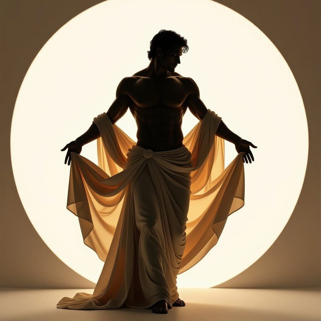 Silhouetted Figure in Flowing Attire with Renaissance Lighti...