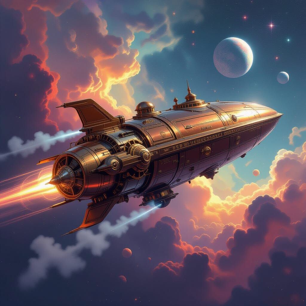 Clockwork Spaceship in Nebula, Epic Fantasy Sci-Fi Art
