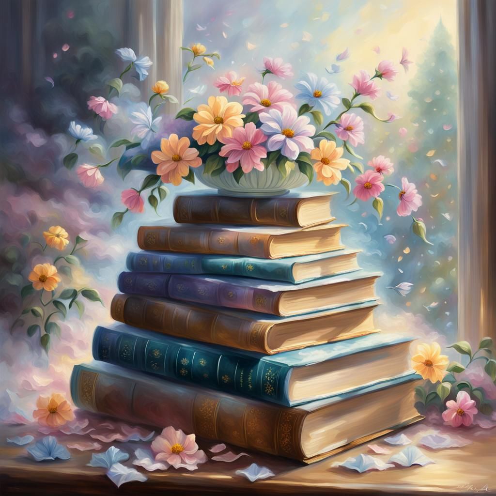 Ethereal Books and Flowers, Soft Focus Fantasy Painting