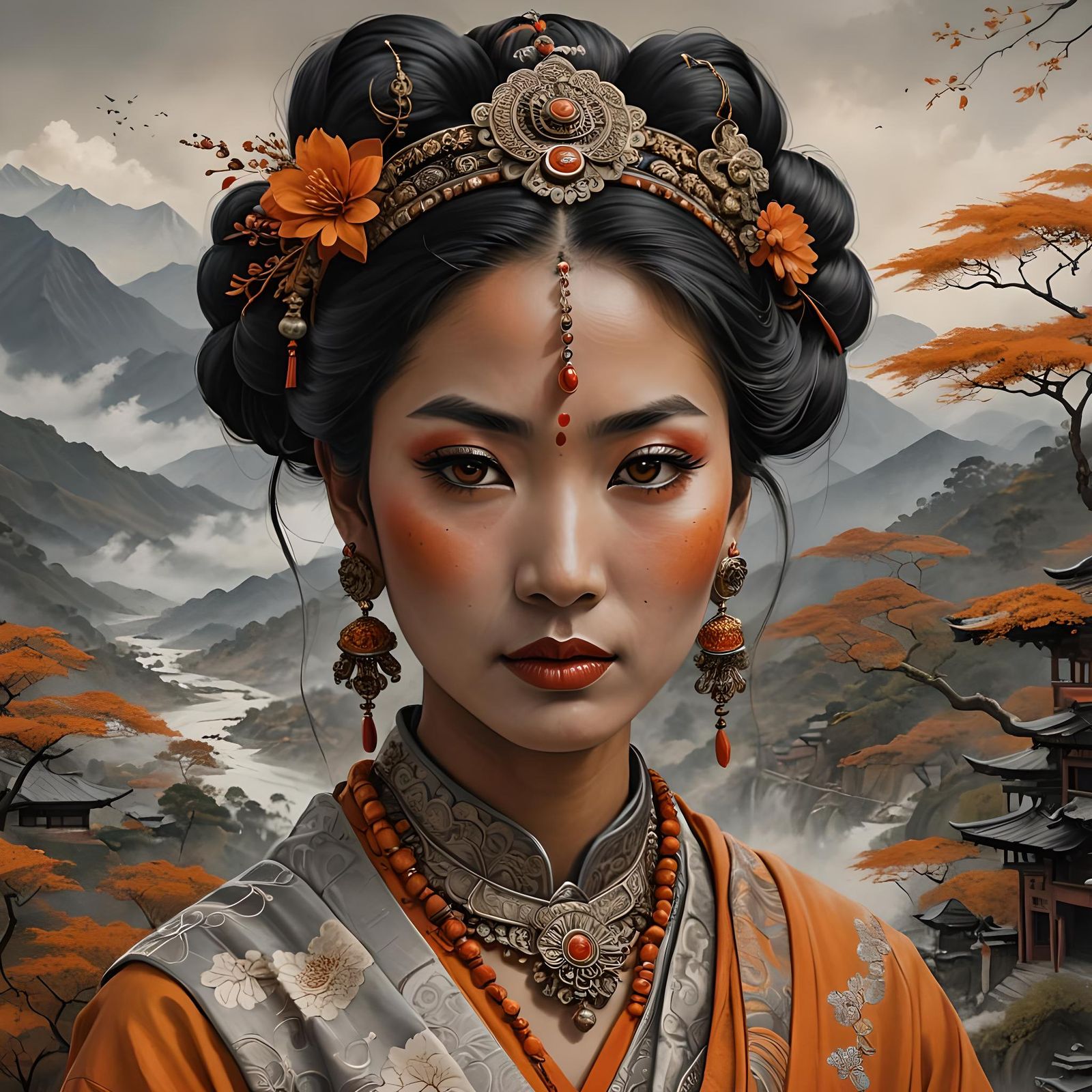 Nepali Geisha with Bengali Tika in Orange Tones