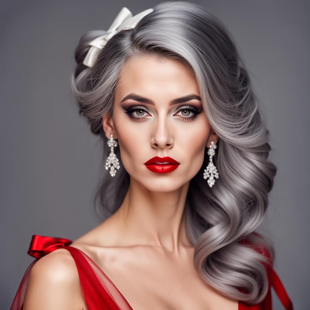 Glamorous Woman with Grey Hair and Red Dress