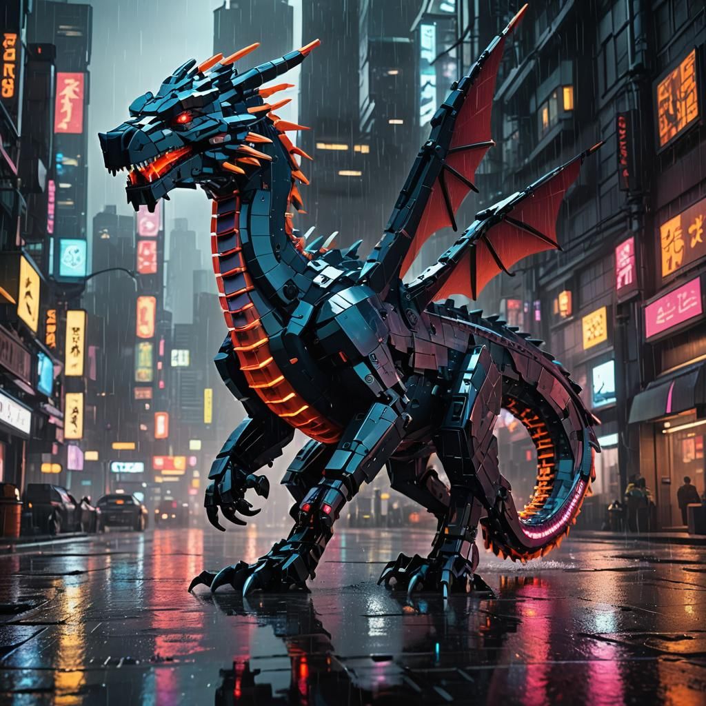 Lego Dragon in Cyberpunk Cityscape
