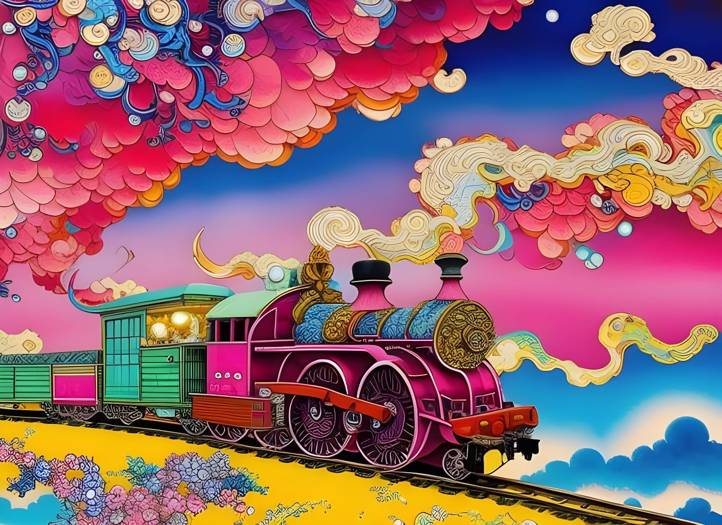 Whimsical Train Amidst Colorful Clouds, Gouache Illustration