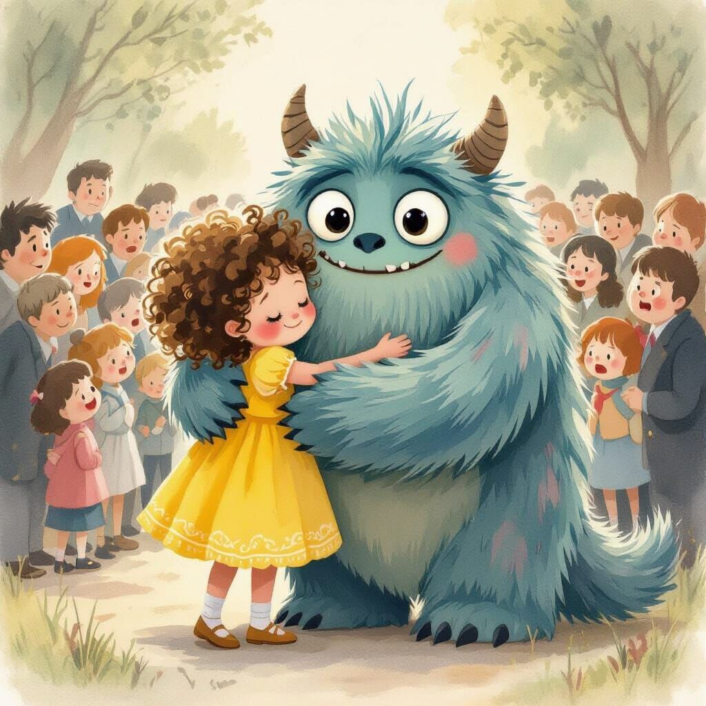 Girl Hugs Monster in Whimsical Watercolor Style
