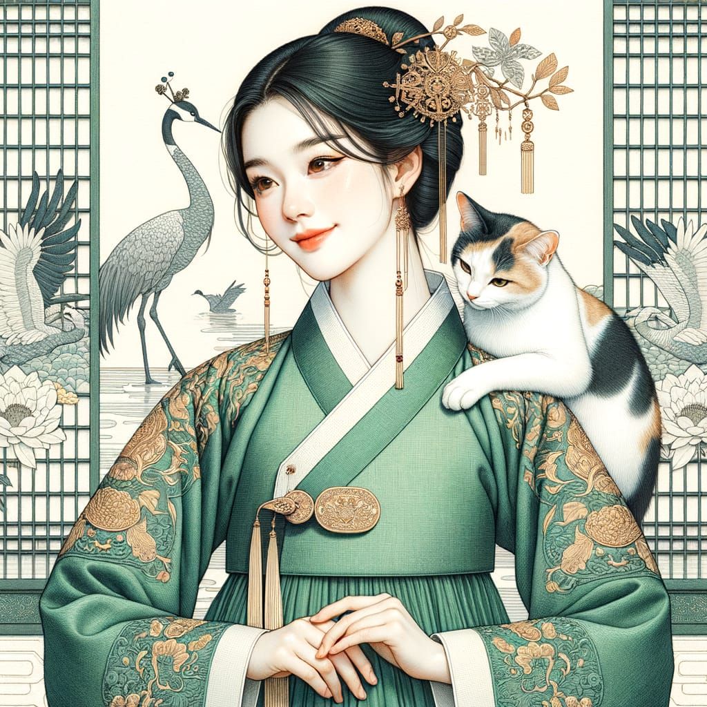 Manhwa Portrait: Woman in Hanbok with Calico Cat