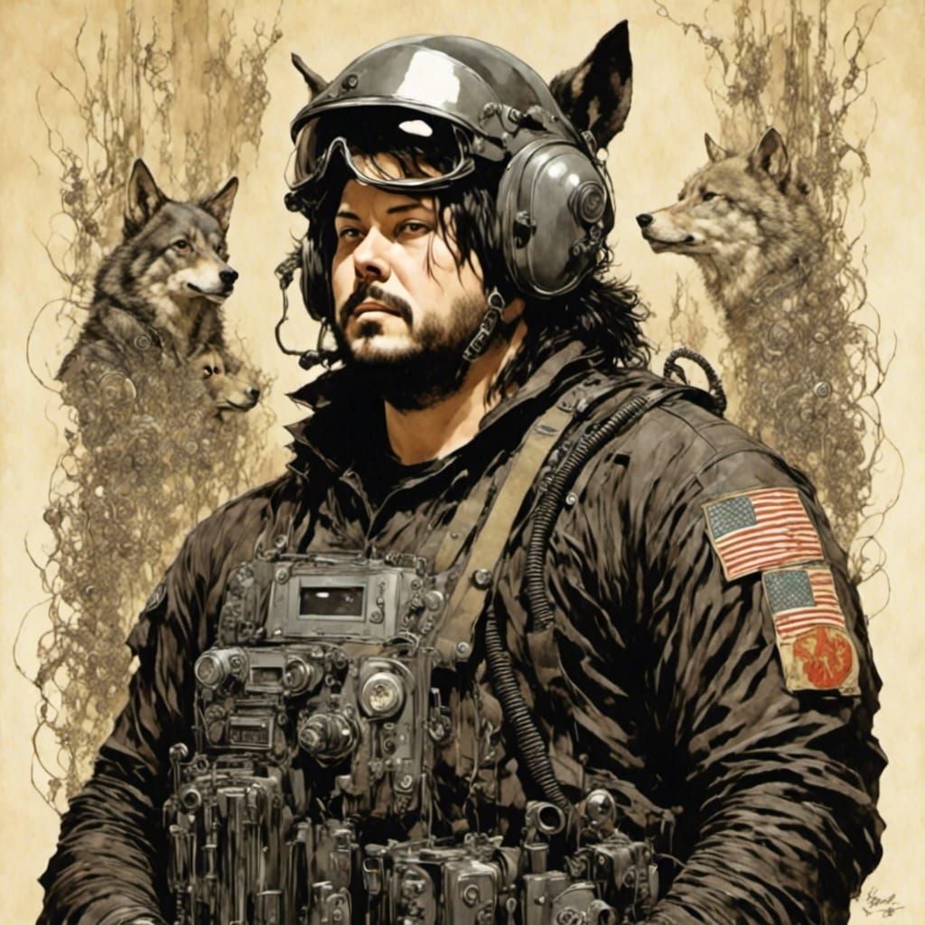 High-Tech Wolf Soldier in Retro Rockabilly Style