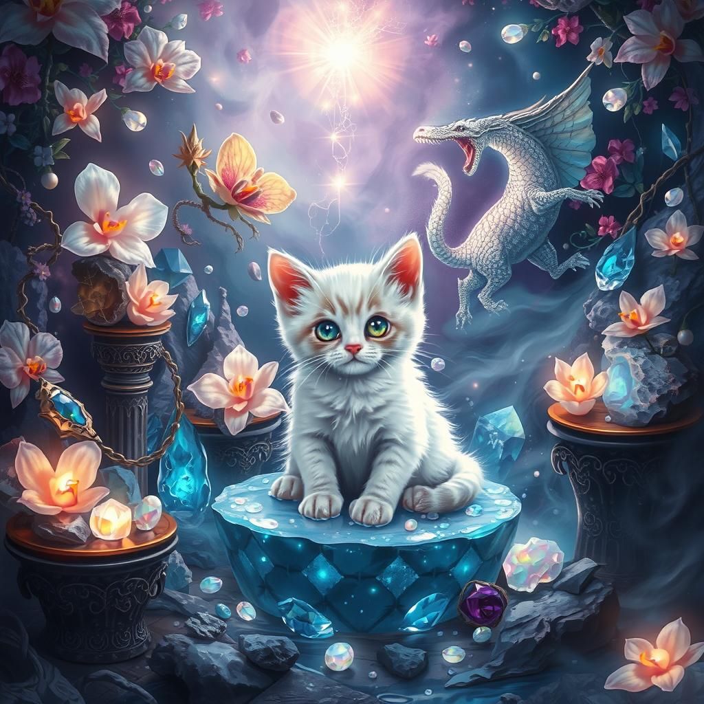 Kitten in Liquid Dreamscape with Water Elementals