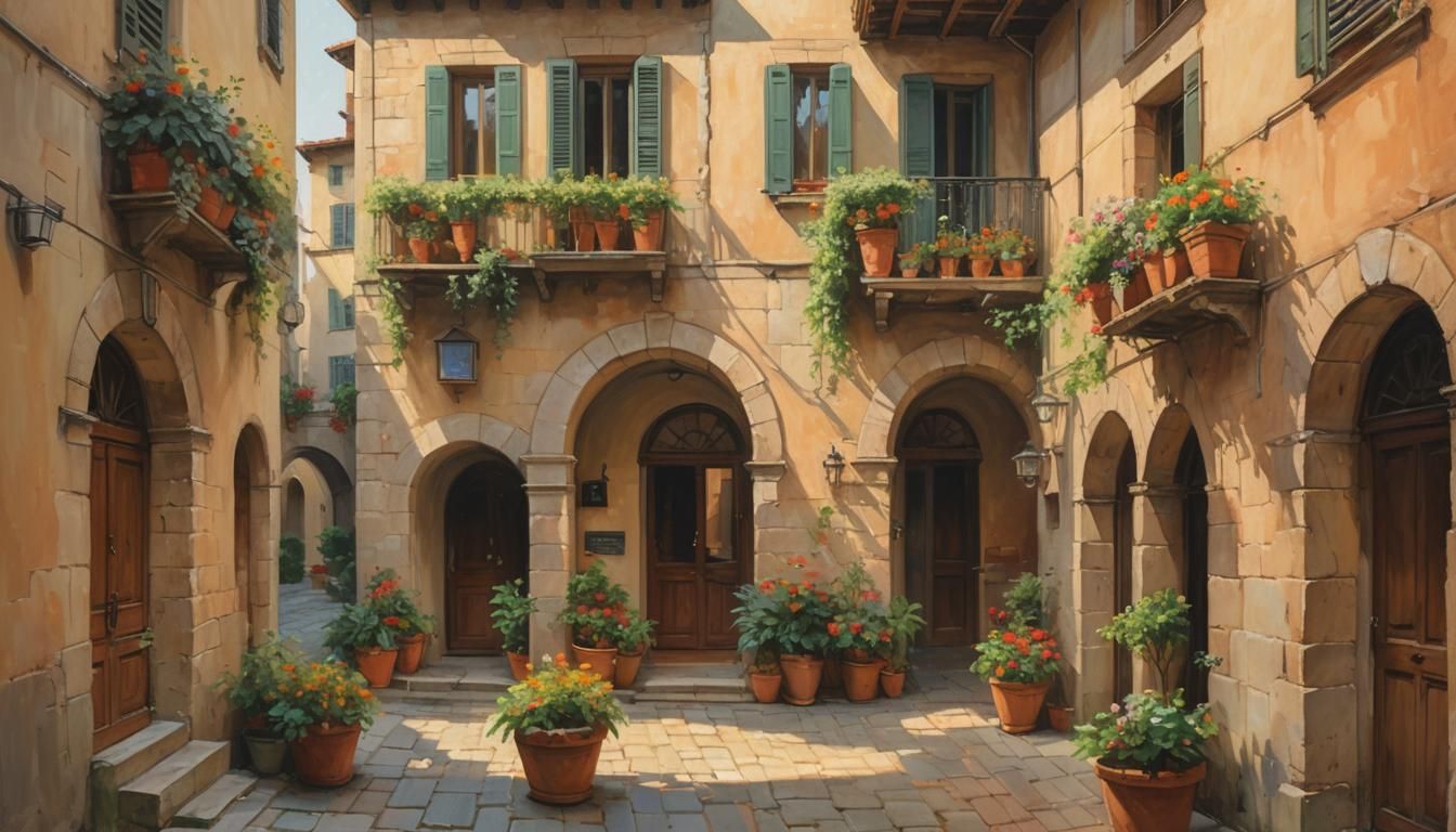 Italian Courtyard in Florence, Impressionist Oil Painting