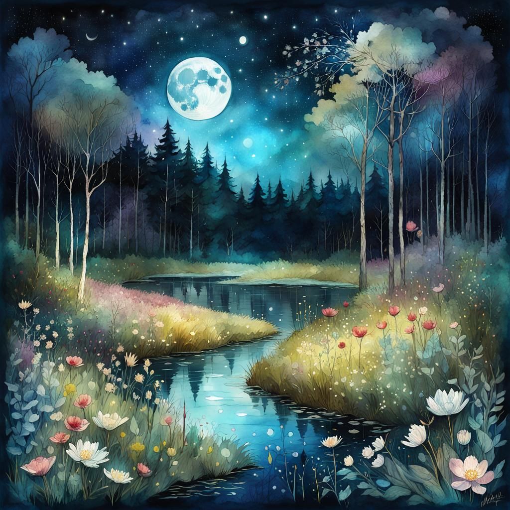 Moonlit Meadow Digital Watercolor Fantasy