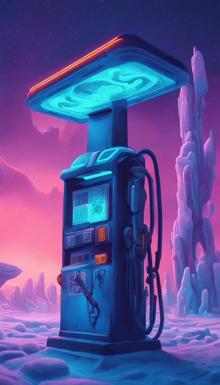 High-Tech Gas Station on an Icy Comet in Surrealism