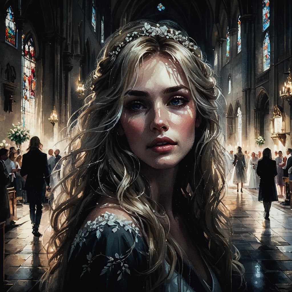 Blonde Bride in Church: Cel-Shaded Airbrush Art