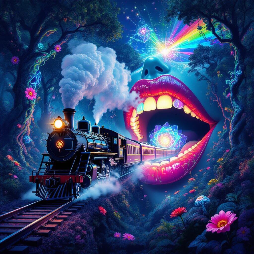 Psychedelic Steam Train Emerging From Rainbow Forest