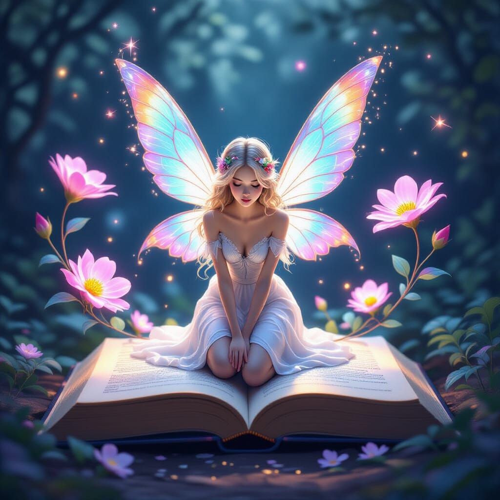 Magical Fairy Kneeling on Glowing Book with Luminescent Flow...