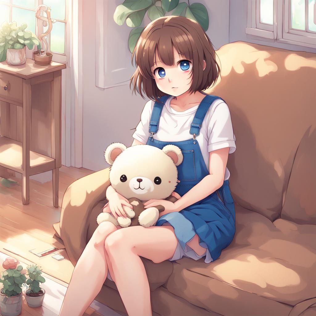 Girl with Kawaii Plushie: Anime-Style Portrait