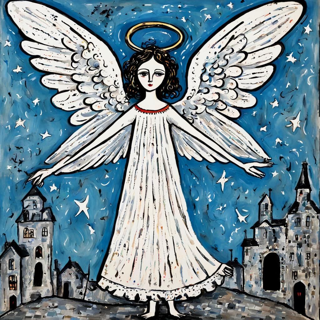 Naive Outsider Art Angel in Gouache and Ink