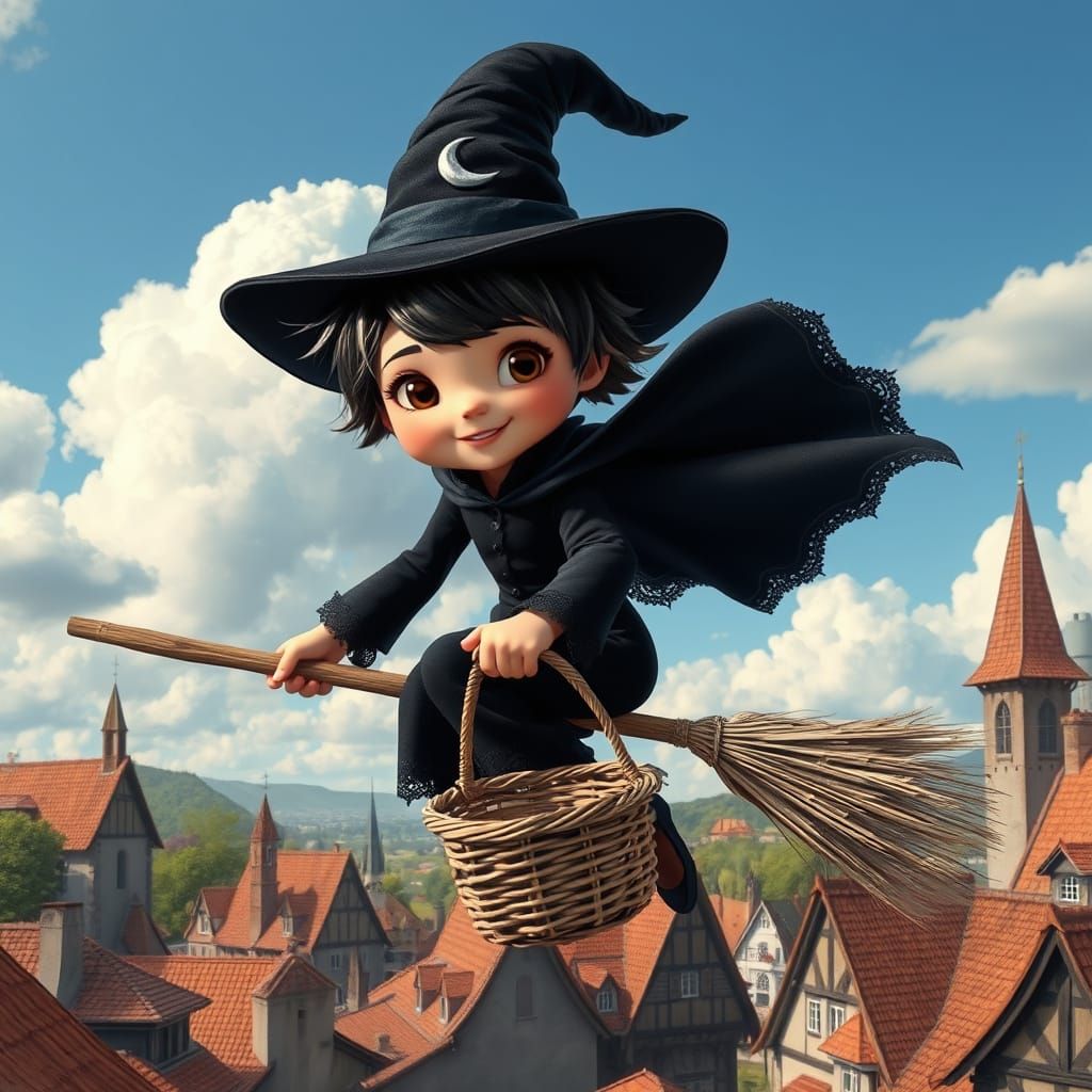hyper realistic image of a cute witch with short black and silver hair, she is wearing a black witches dress and matchin...