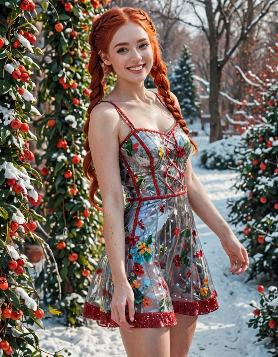 Smiling Woman in Winter Garden, Candy Art Style