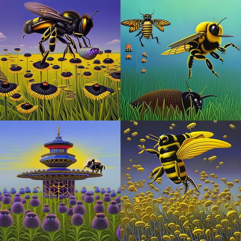 Bumblebee Queen's Royal Feast: Hyperrealistic Bioluminescent...