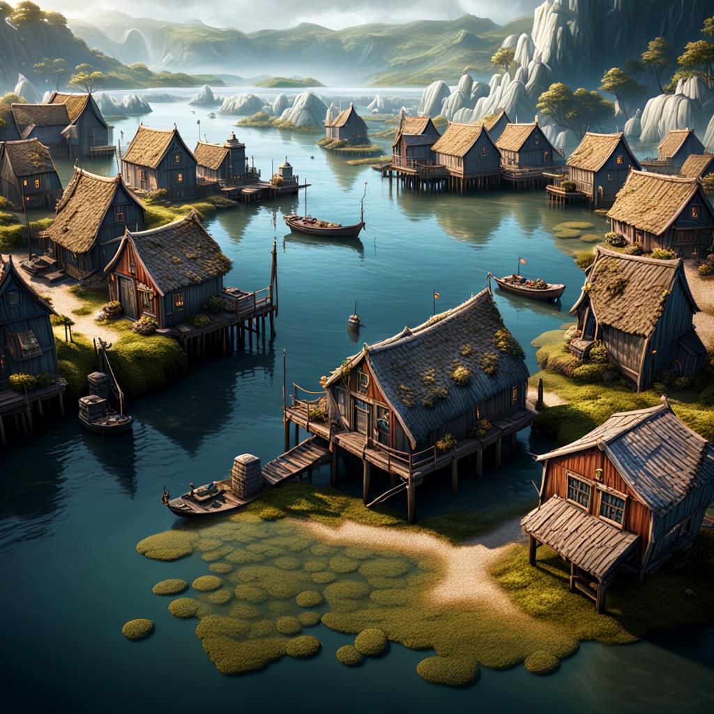 Fantastical Oyster Farming Village in Detailed Matte Paintin...