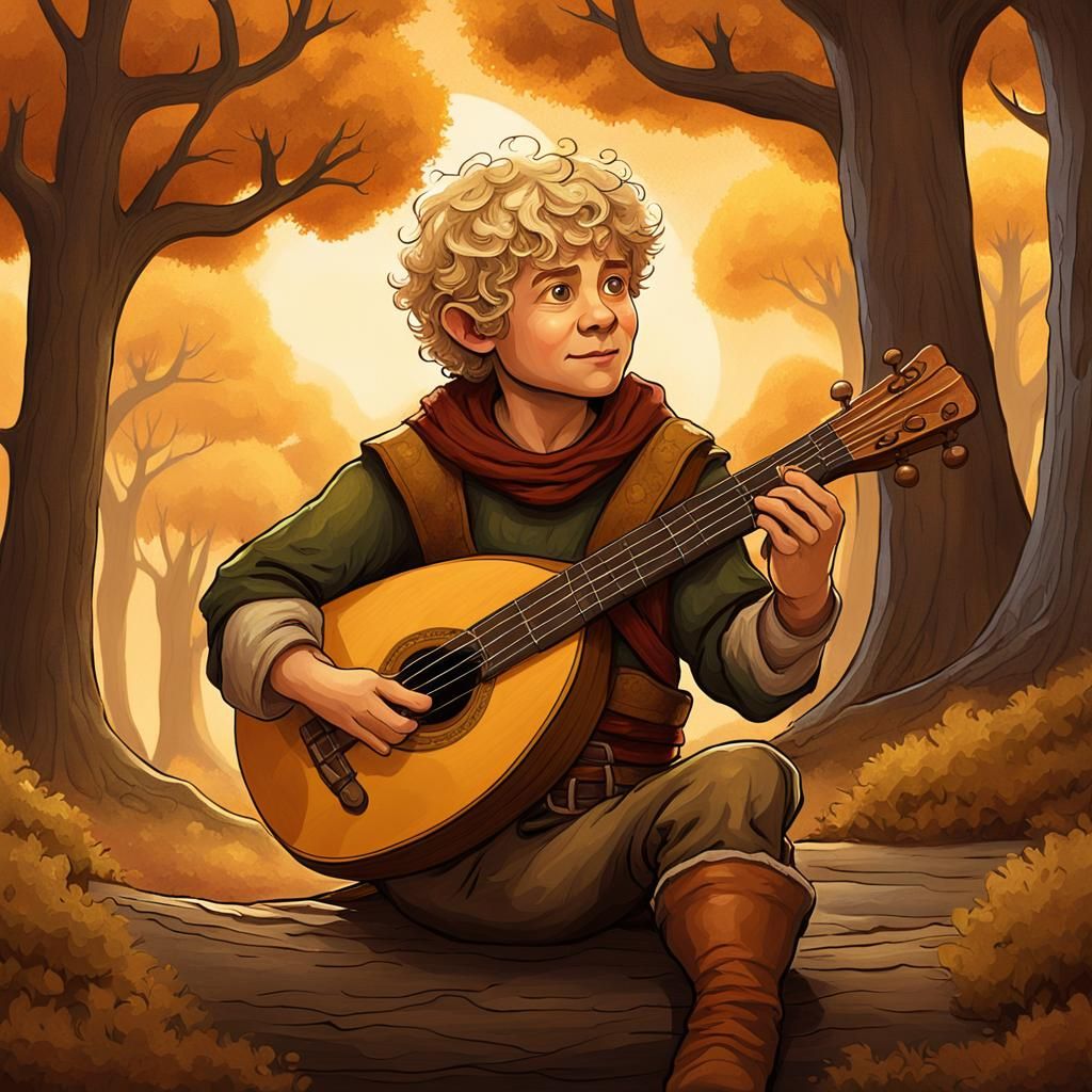 Whimsical Halfling Rogue Playing Lute in Forest