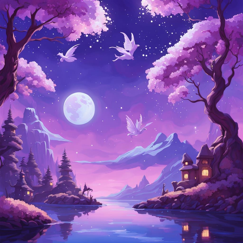 Enchanted Purple Dreamscape in Whimsical Art Nouveau Style