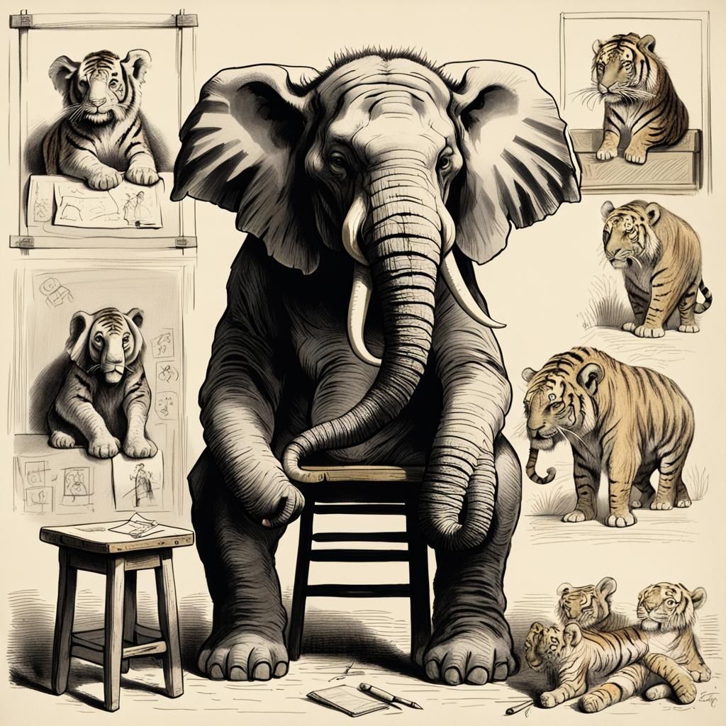 Anthropomorphic Elephant and Tiger Drawing, Classical Style