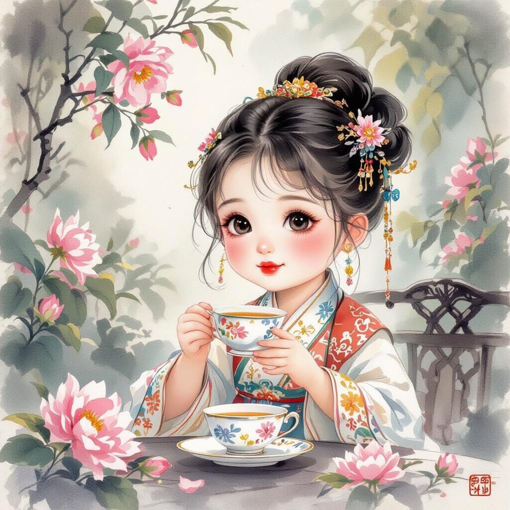 Chubby Girl in Ancient Chinese Attire Sips Tea in Garden
