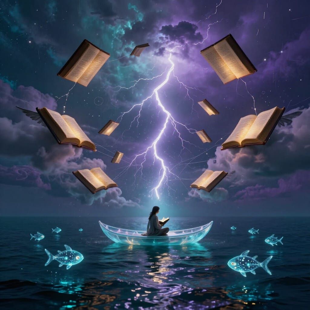Floating Library Above Twilight Ocean with Glowing Books
