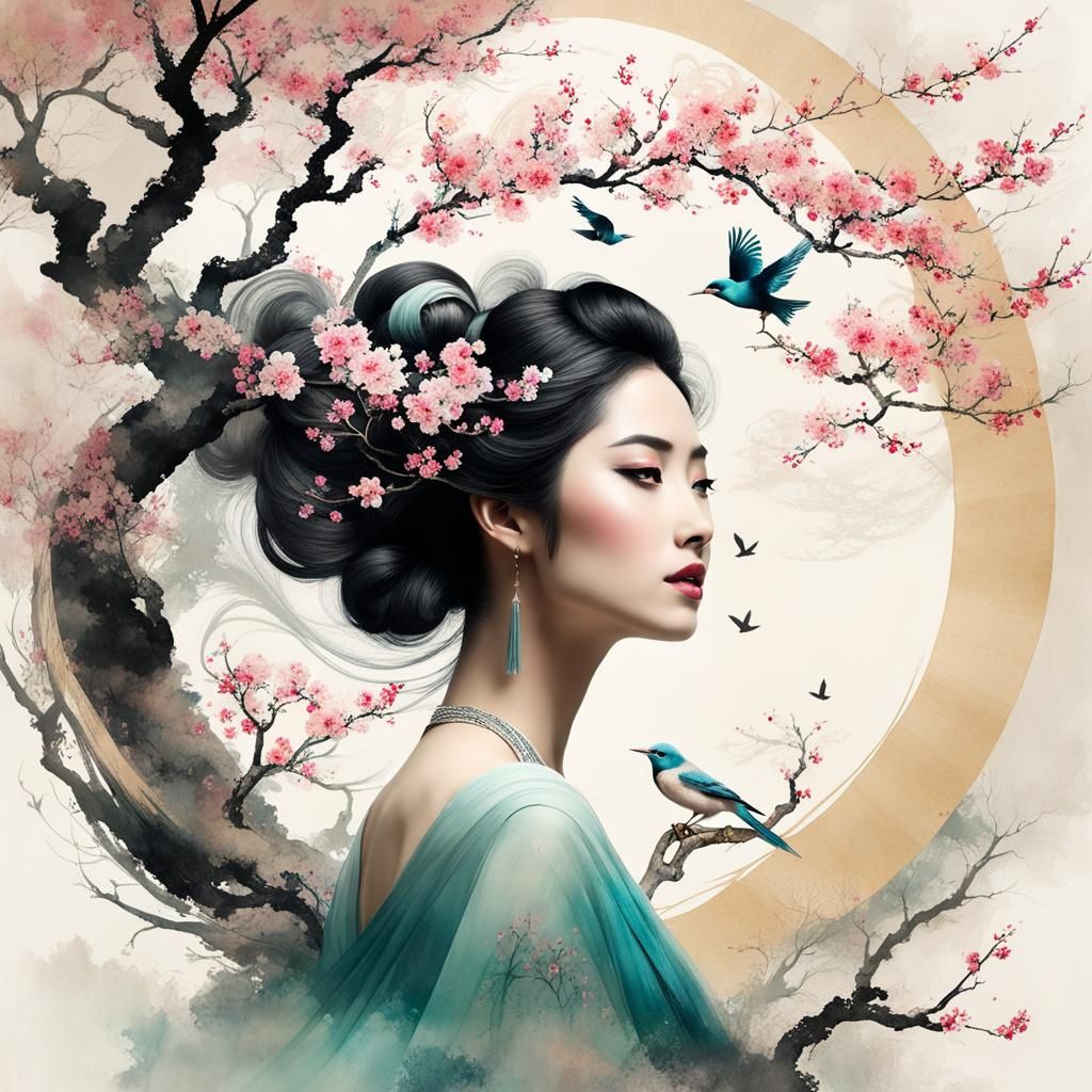 Goddess with Blossoms: Chinese Ink Painting Style