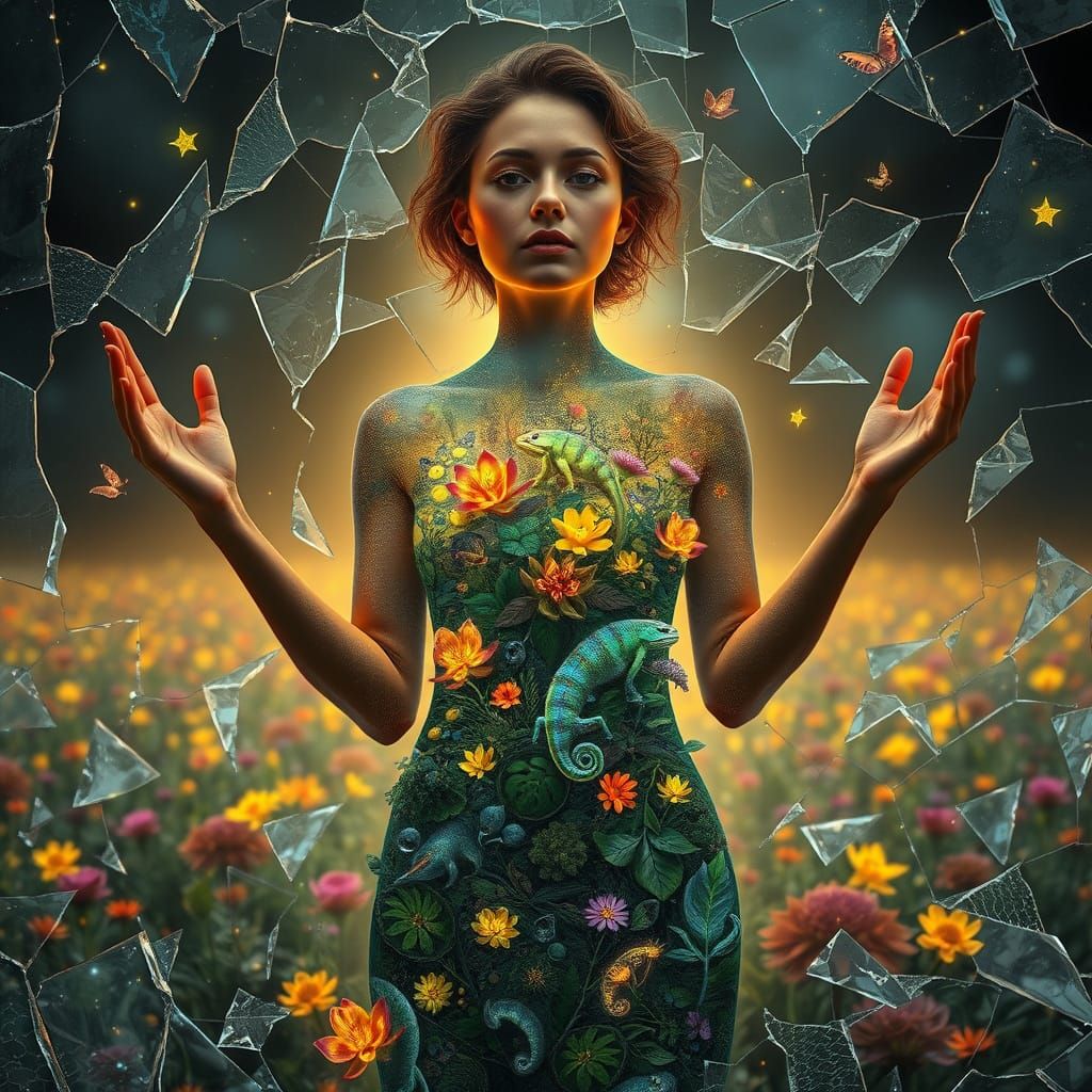 Woman Embodied as Shattered Glass Ecosystems in Vibrant Colo...