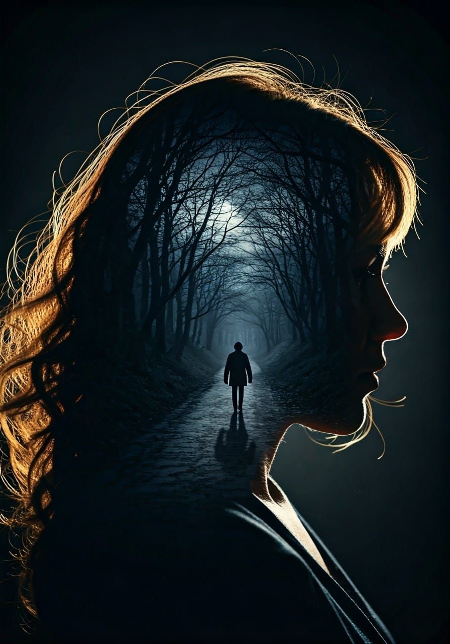 Silhouetted Woman Seeks Lost Figure in Moonlit Cityscape