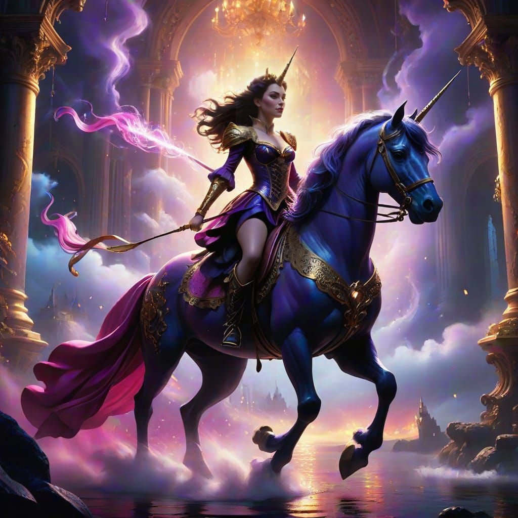 Ursula Rides a Majestic Unicorn in a Vibrant, Cinematic Scen...