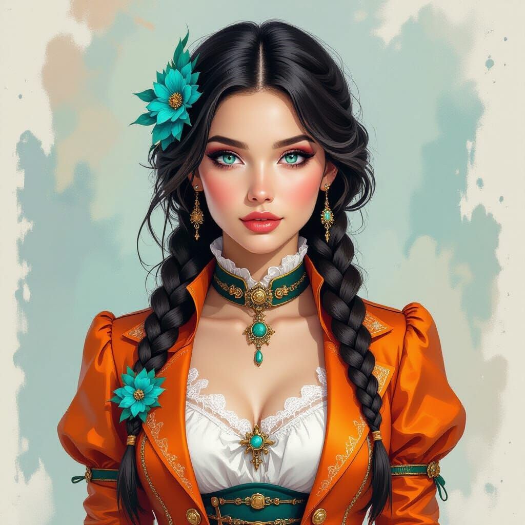 A beautiful young woman with braided jet black hair and bang...