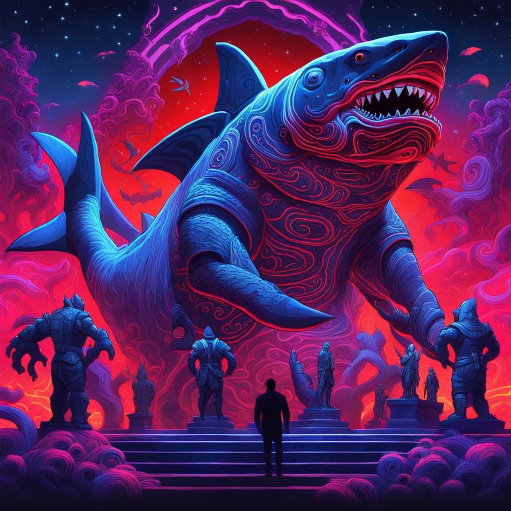 Armored Shark Warrior Guarding Ancient Statues