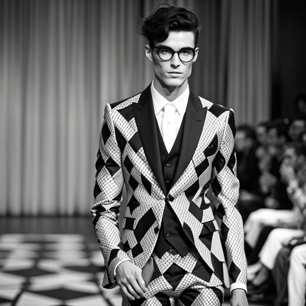 Harlequin Fashion Model on Runway in Photo-Realistic Style