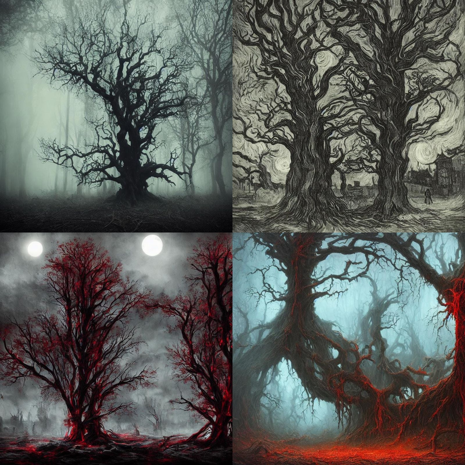 Macabre Tree Dripping Blood with Family Name Signs