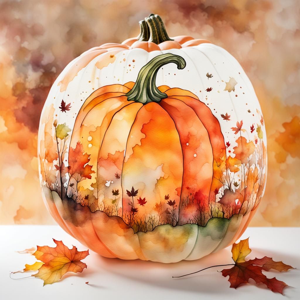 Autumn Pumpkin Patch Double Exposure in Watercolor