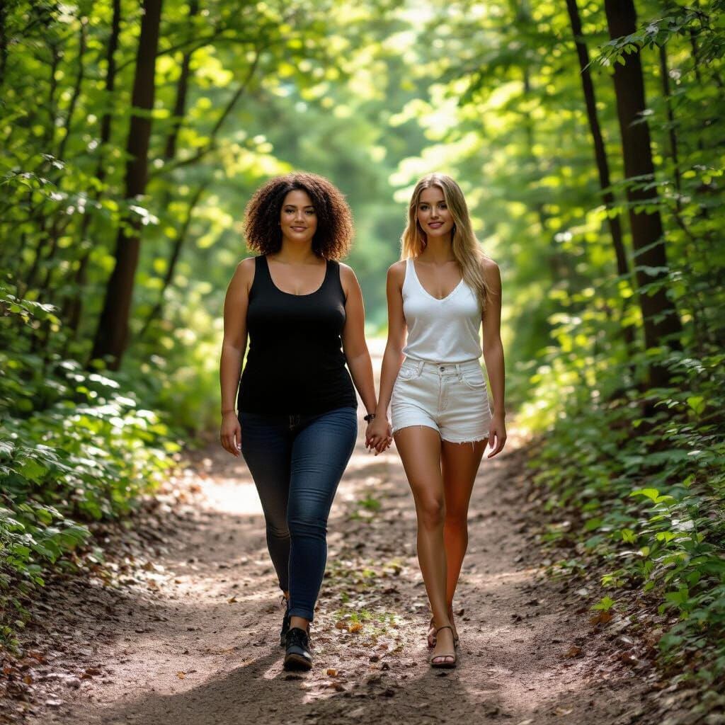 Two Women on Forest Trail in Photorealistic Style